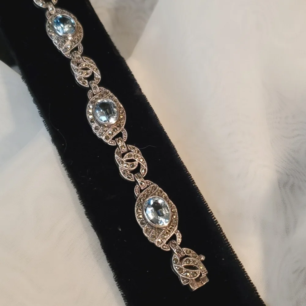 💙MARCASITE BLUE TOPAZ/925 STERLING SILVER/ LINK BRACELET 💙 VTG FIRM PRICE⭐